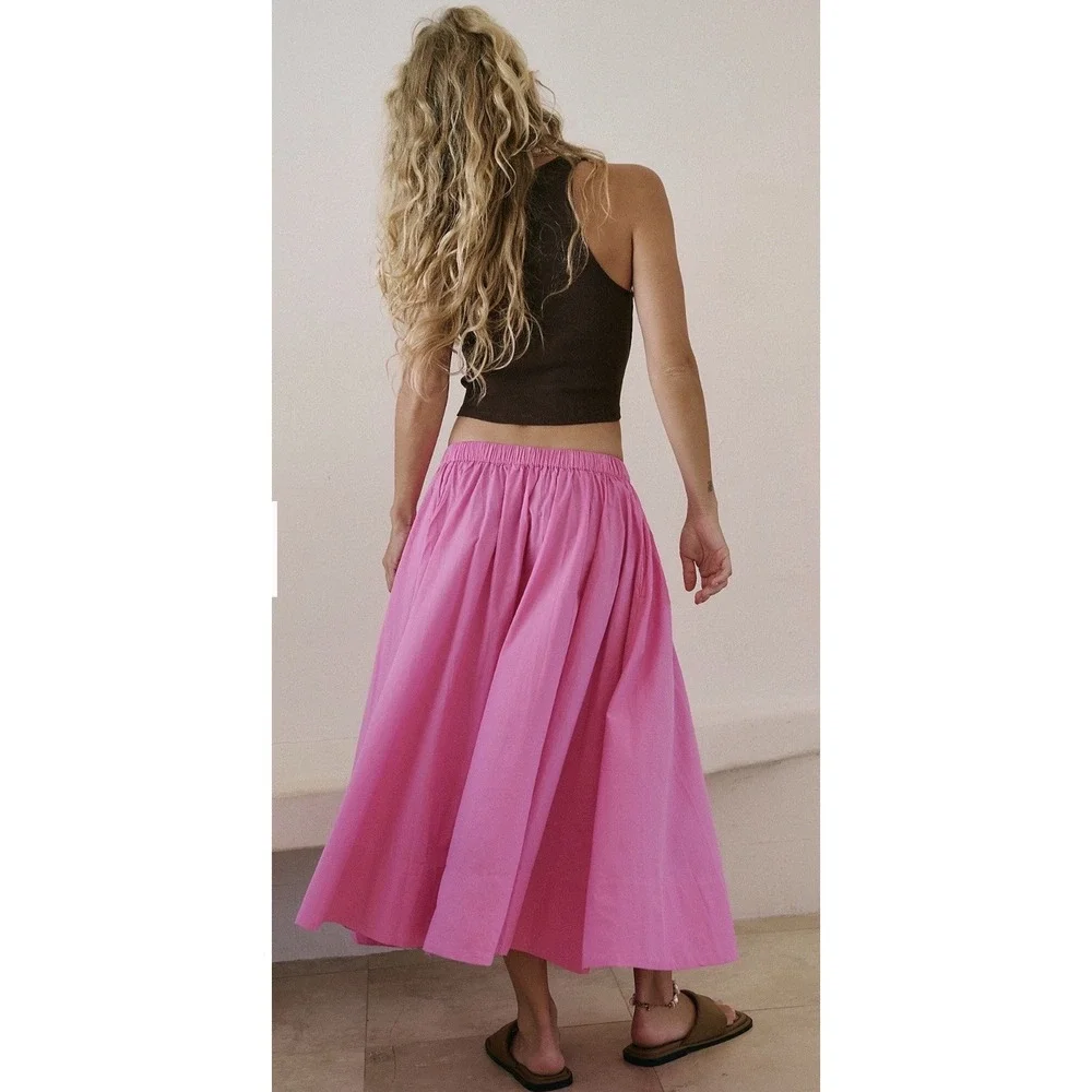 Free People Lowen Midi Skirt Sugar Magnolia Pink Pleated Billowy A-line Sz L